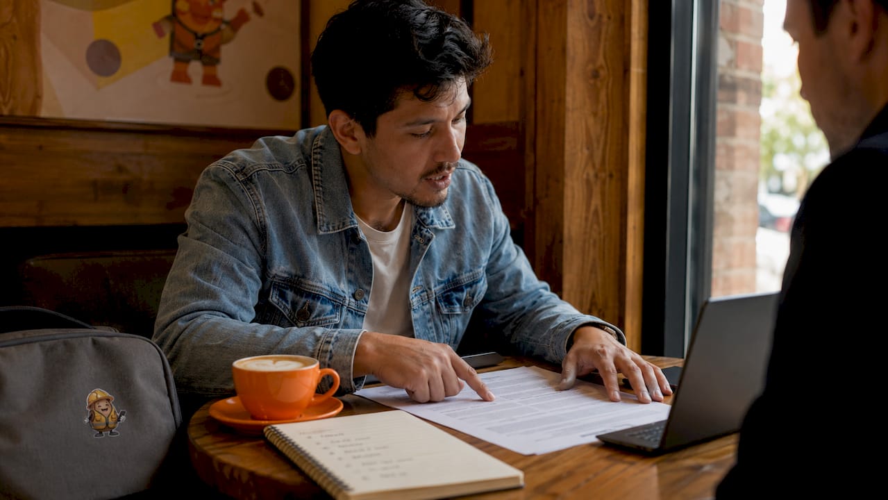 Man reviewing contract and discussing upfront payment