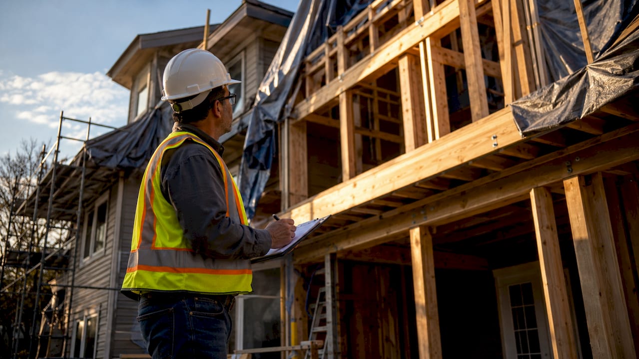 Structural engineer inspecting second story framing