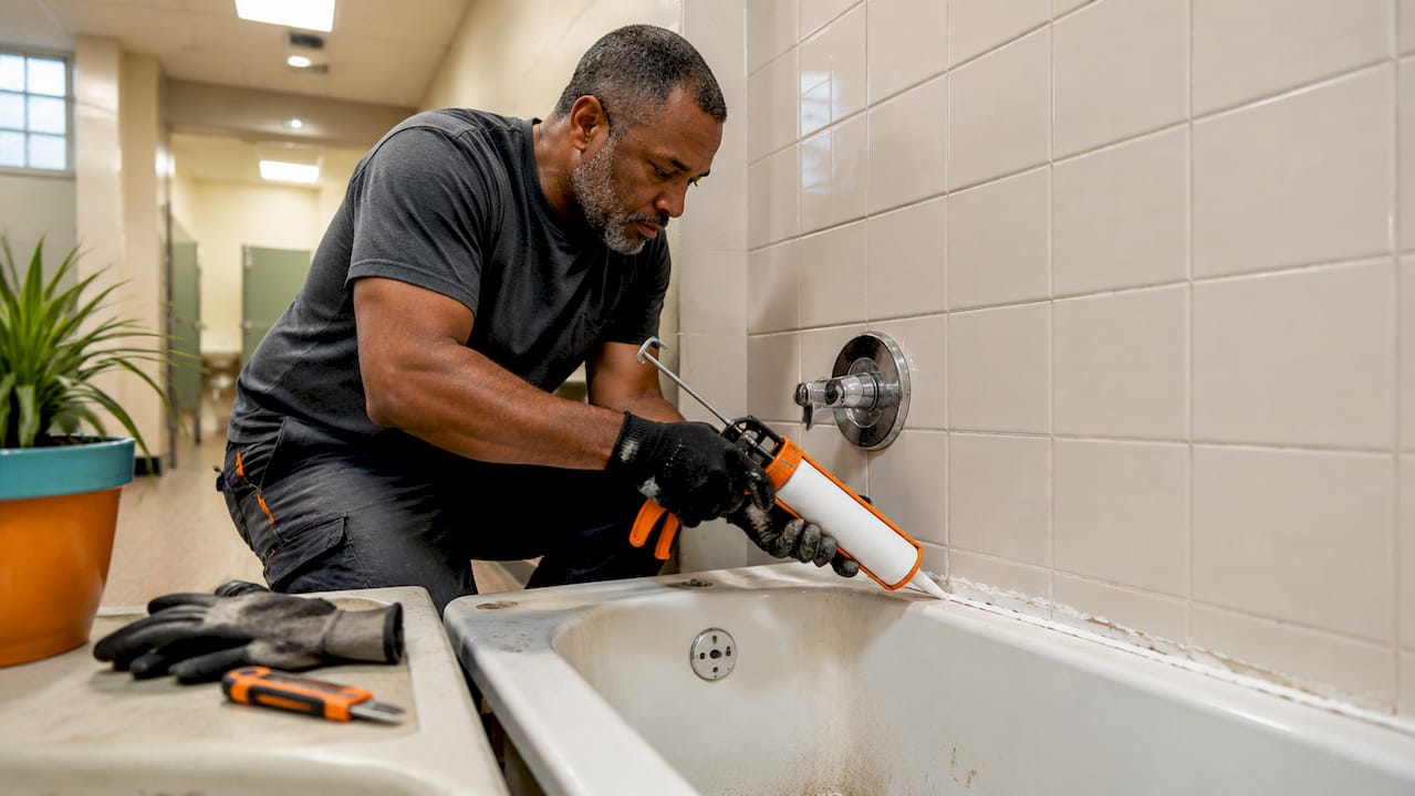 Handyman applying fresh bathtub caulk