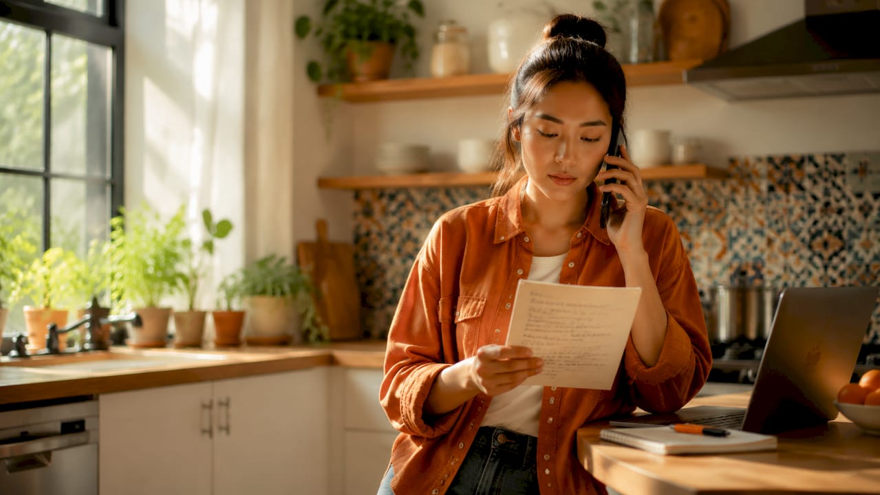 Man making a reference call while taking notes