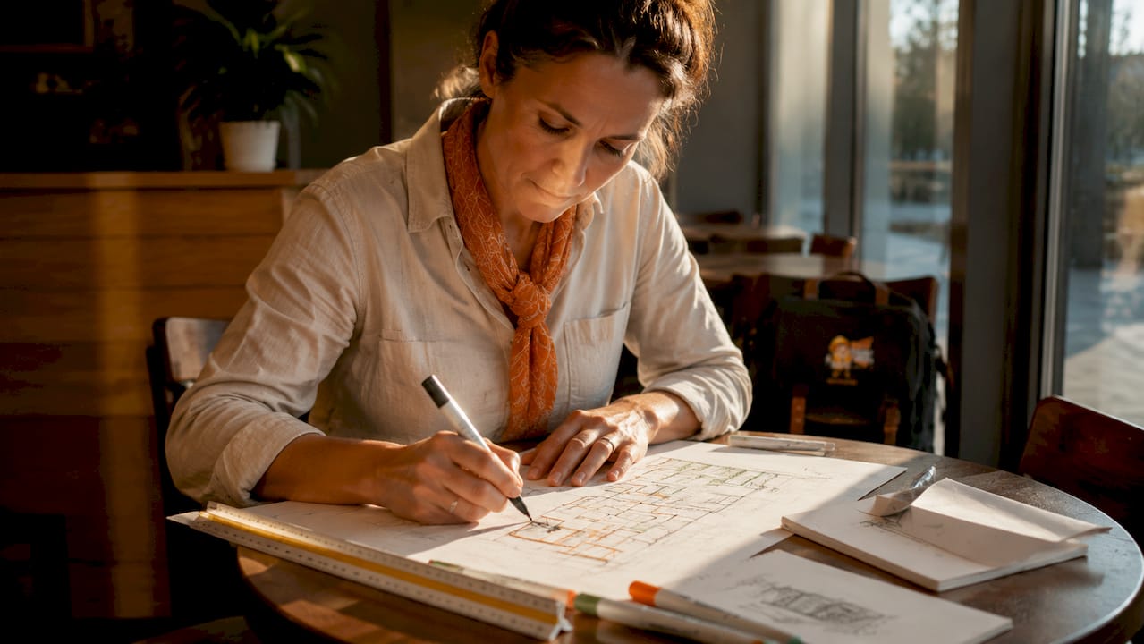 Architect sketching home addition blueprints