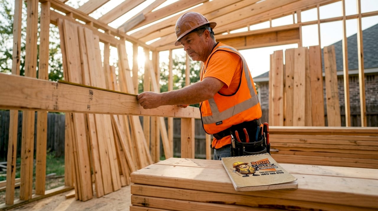 Construction worker measuring sunroom framing on site