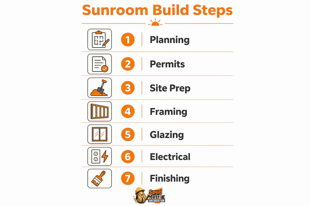 Infographic illustrating sunroom construction sequential steps