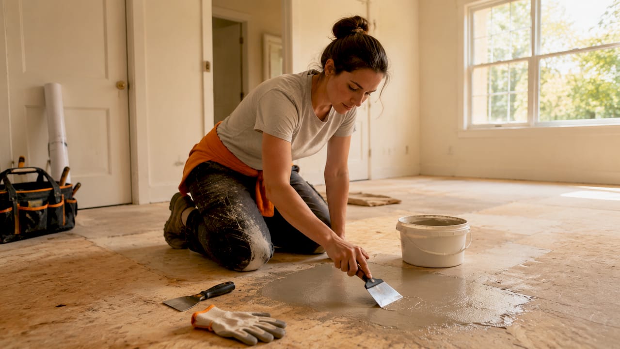 Hands patching damaged subfloor area