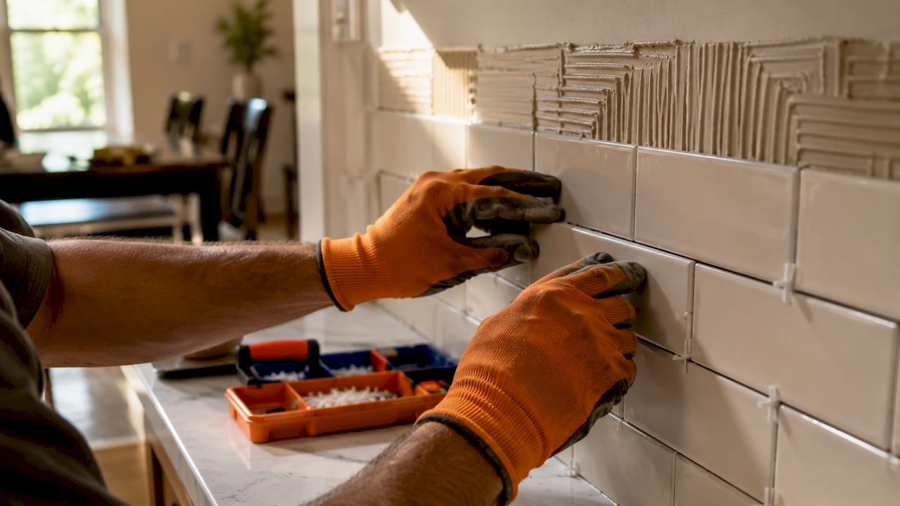 Hands installing kitchen ceramic tiles