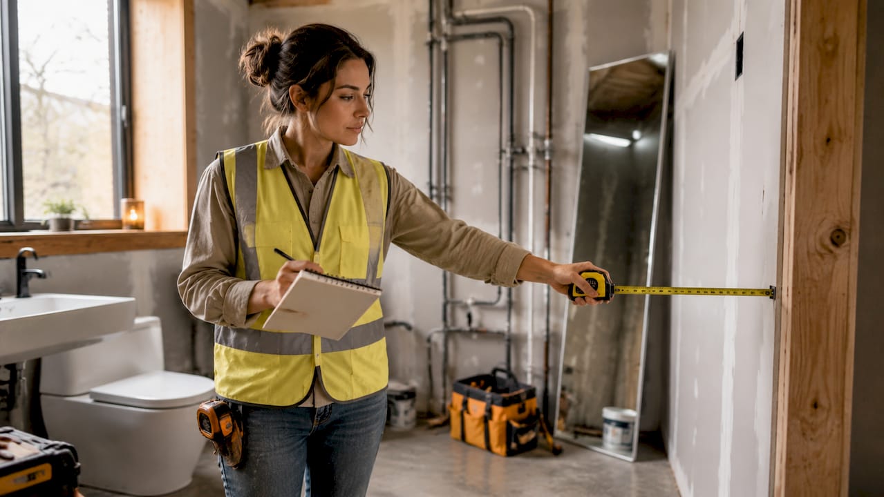 Contractor measuring half-bathroom remodel space