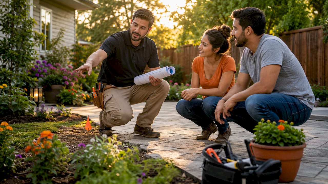 Contractor discussing remodeling plans with homeowners in living room