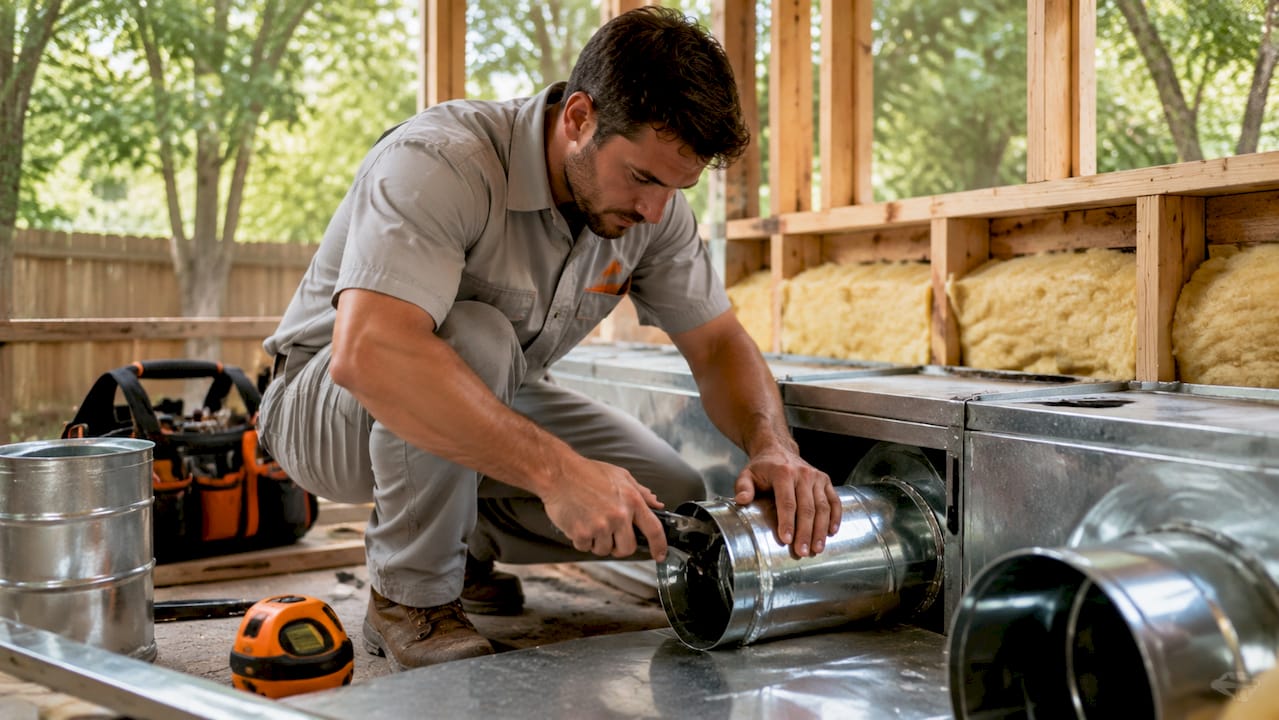 Technician installing HVAC duct extension