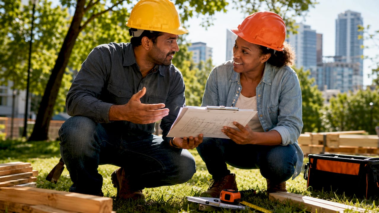 Contractors discussing home addition plans outdoors