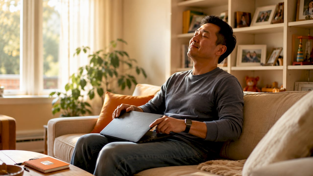 Father ending workday in home office