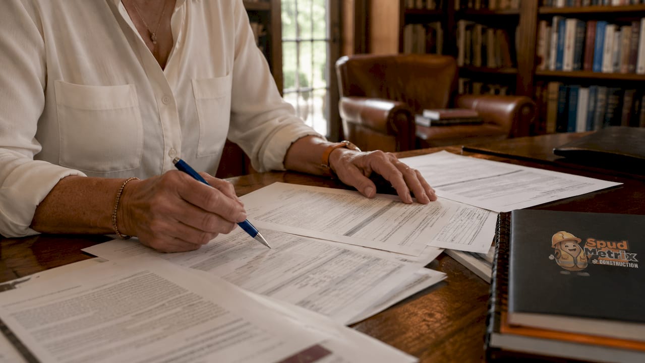 Contract manager reviewing surety bond paperwork