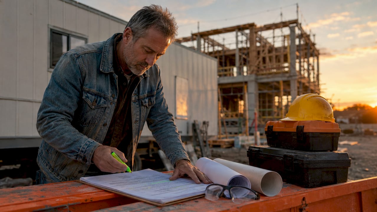 Contractor signing detailed agreement at site desk