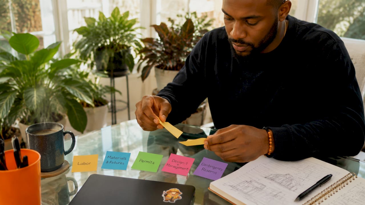 Hands organizing renovation budget category sticky notes