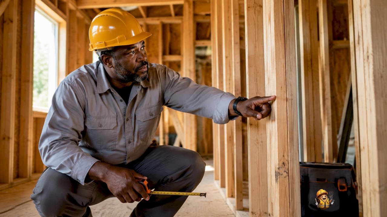 Building inspector checking framing of house room addition