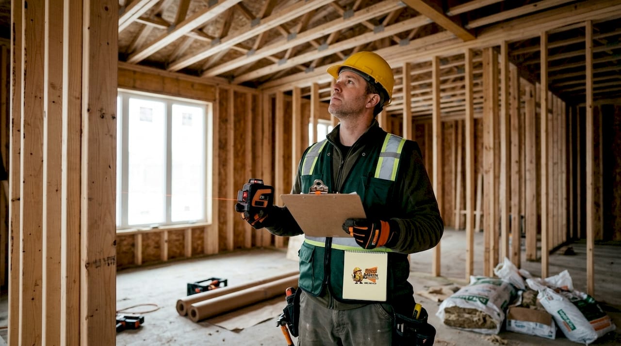 Construction worker inspecting house framing structure