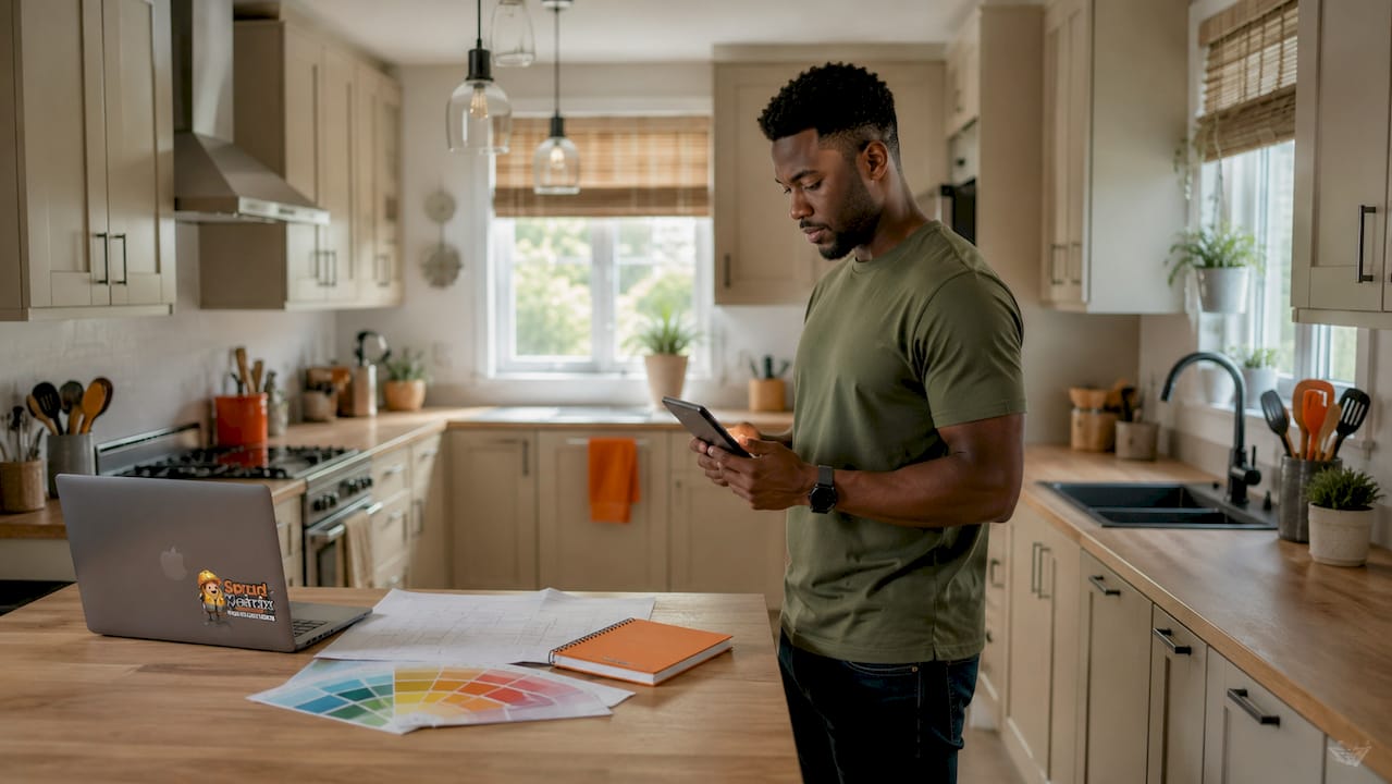 Man walking through galley kitchen with tablet