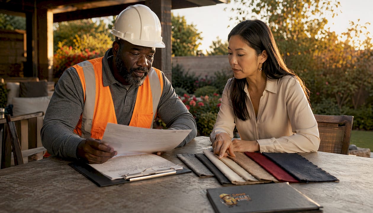 Contractor and project manager reviewing checklist in renovation site