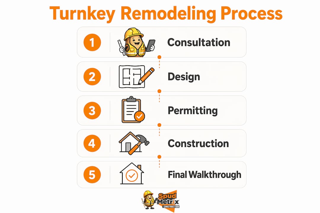Infographic illustrating five steps of turnkey remodeling process