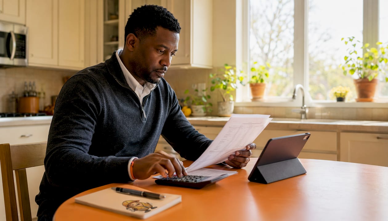 Hands calculating contractor bid details in modern office