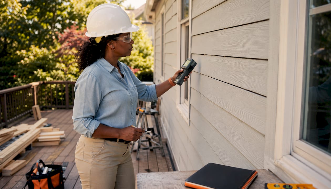 Construction inspector checking siding moisture