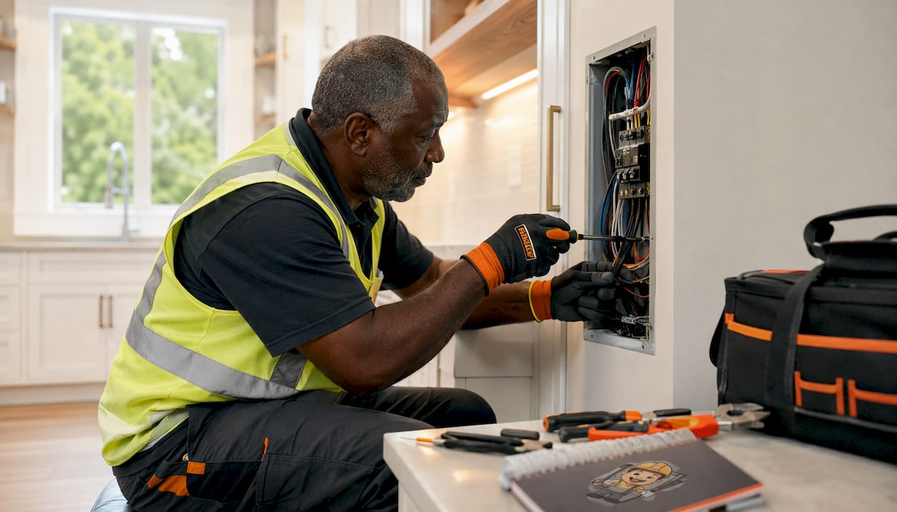 Tradesperson wiring electrical panel in rental unit