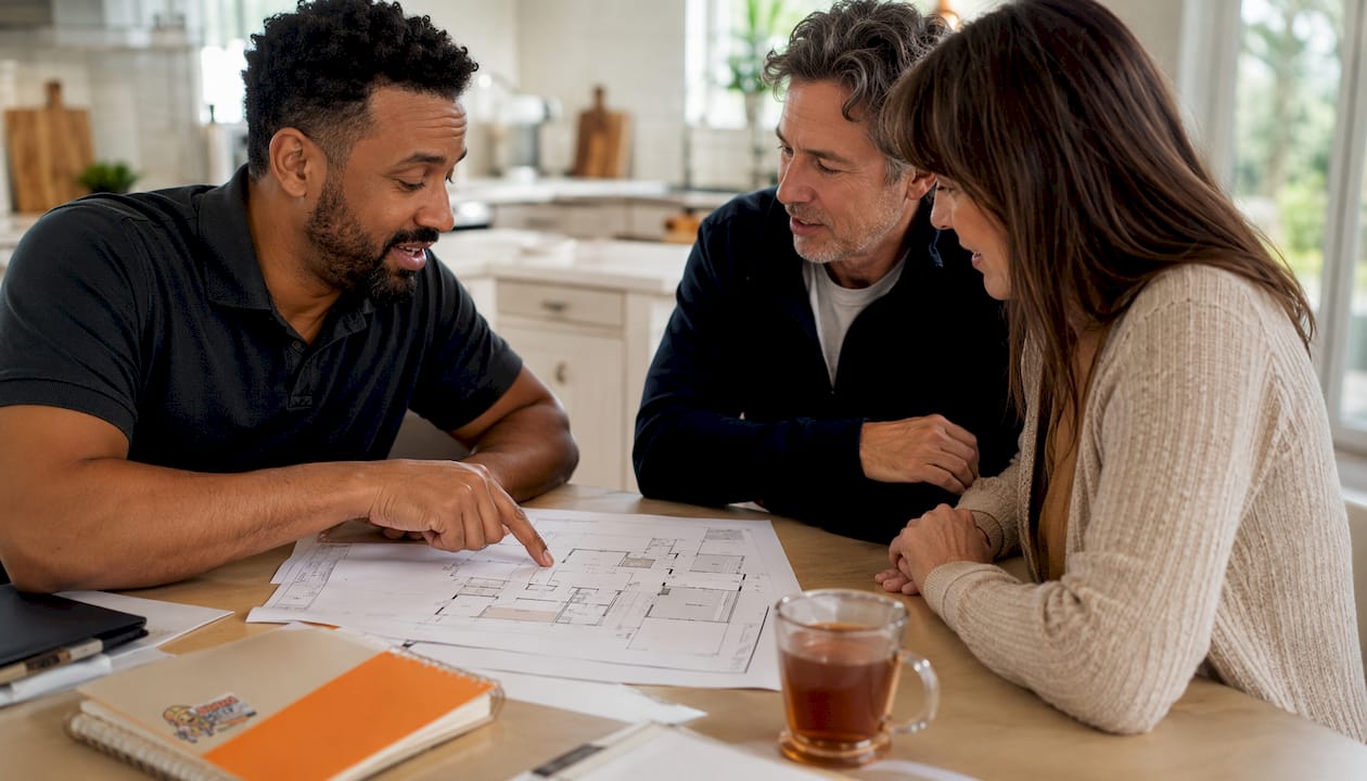 Remodeling expert consulting couple on kitchen remodel plan
