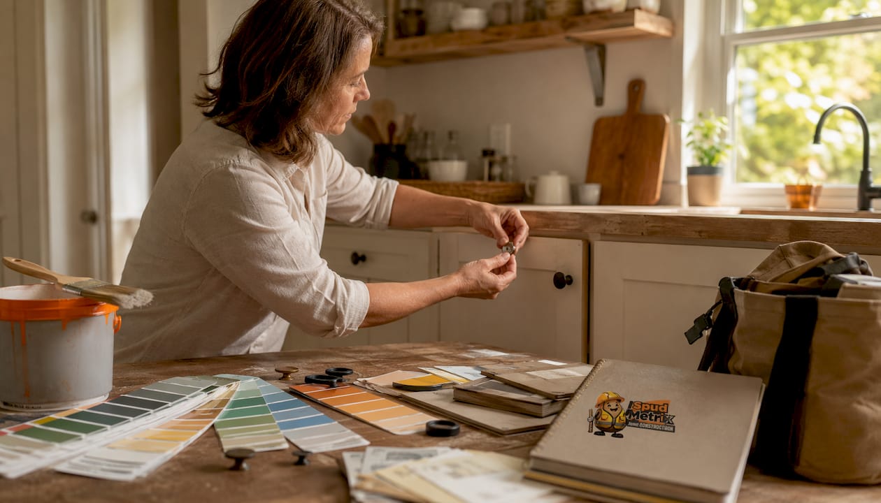 Close-up of woman installing cabinet hardware in kitchen