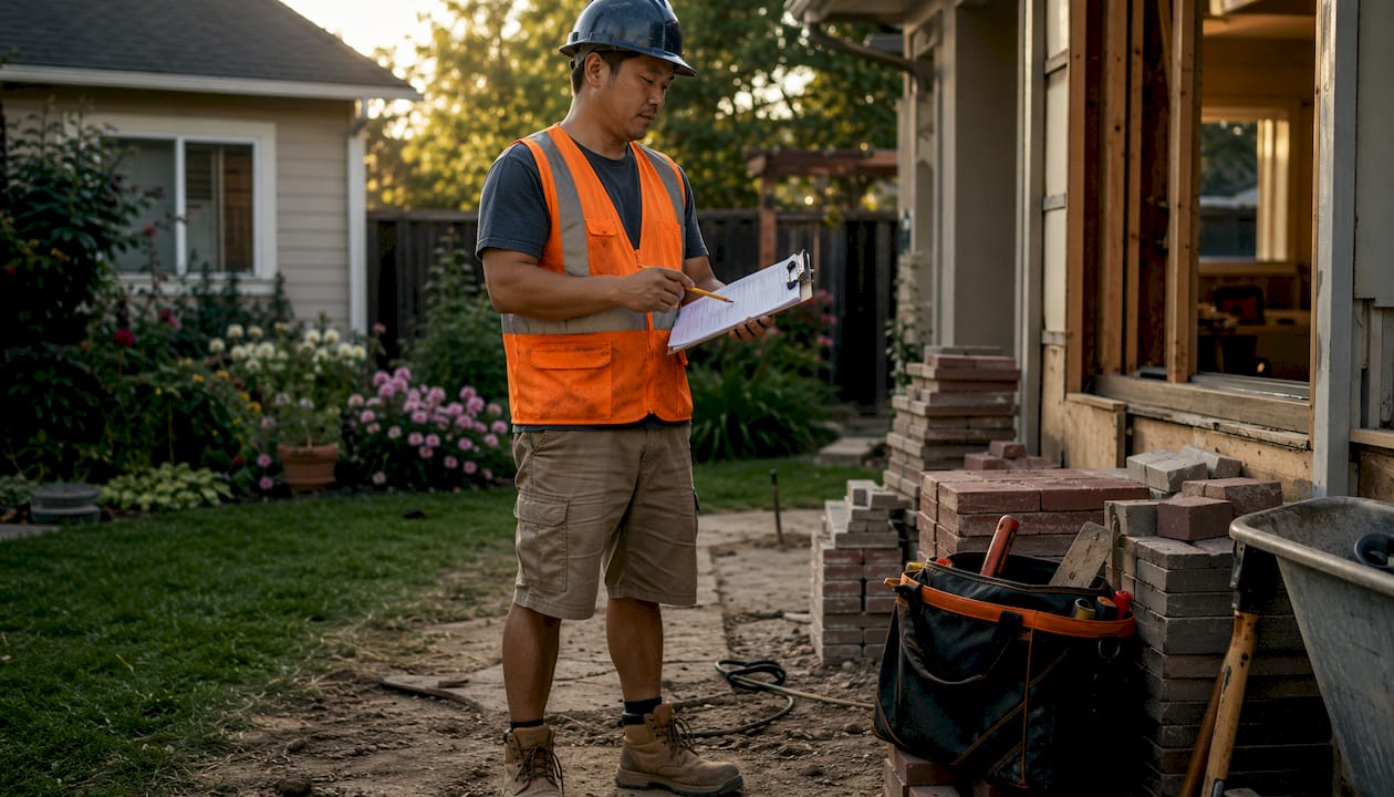 Foreman checking renovation project checklist onsite