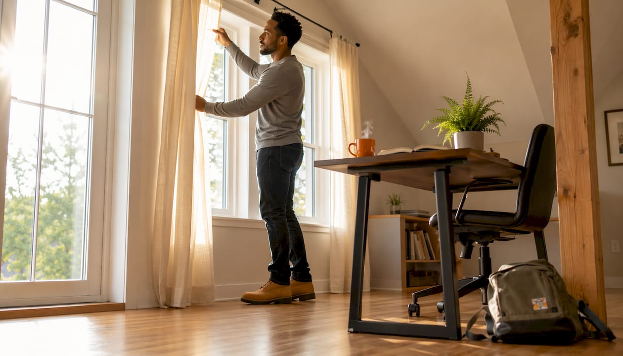 Man adjusting curtains in garden office