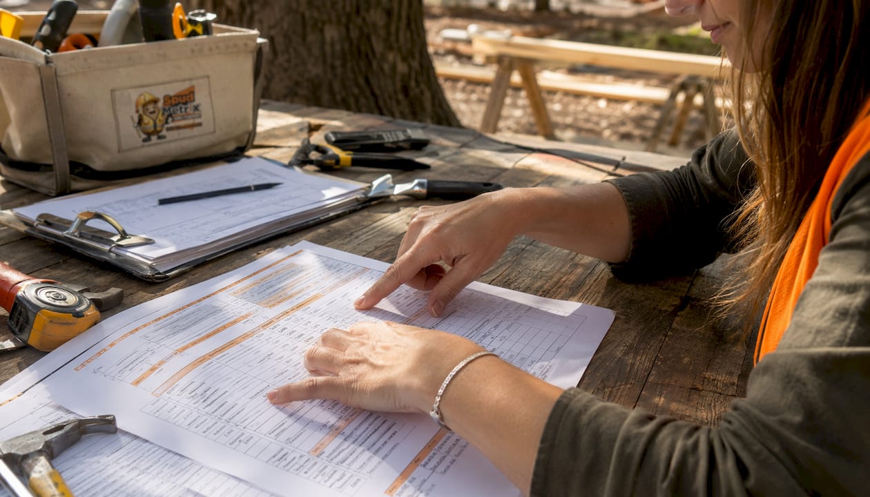 Hands adjusting contractor bid estimate papers