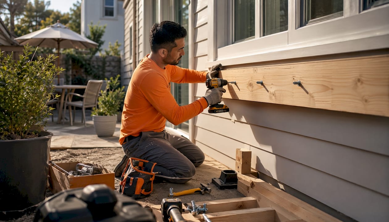 Contractor installing ledger board on house exterior