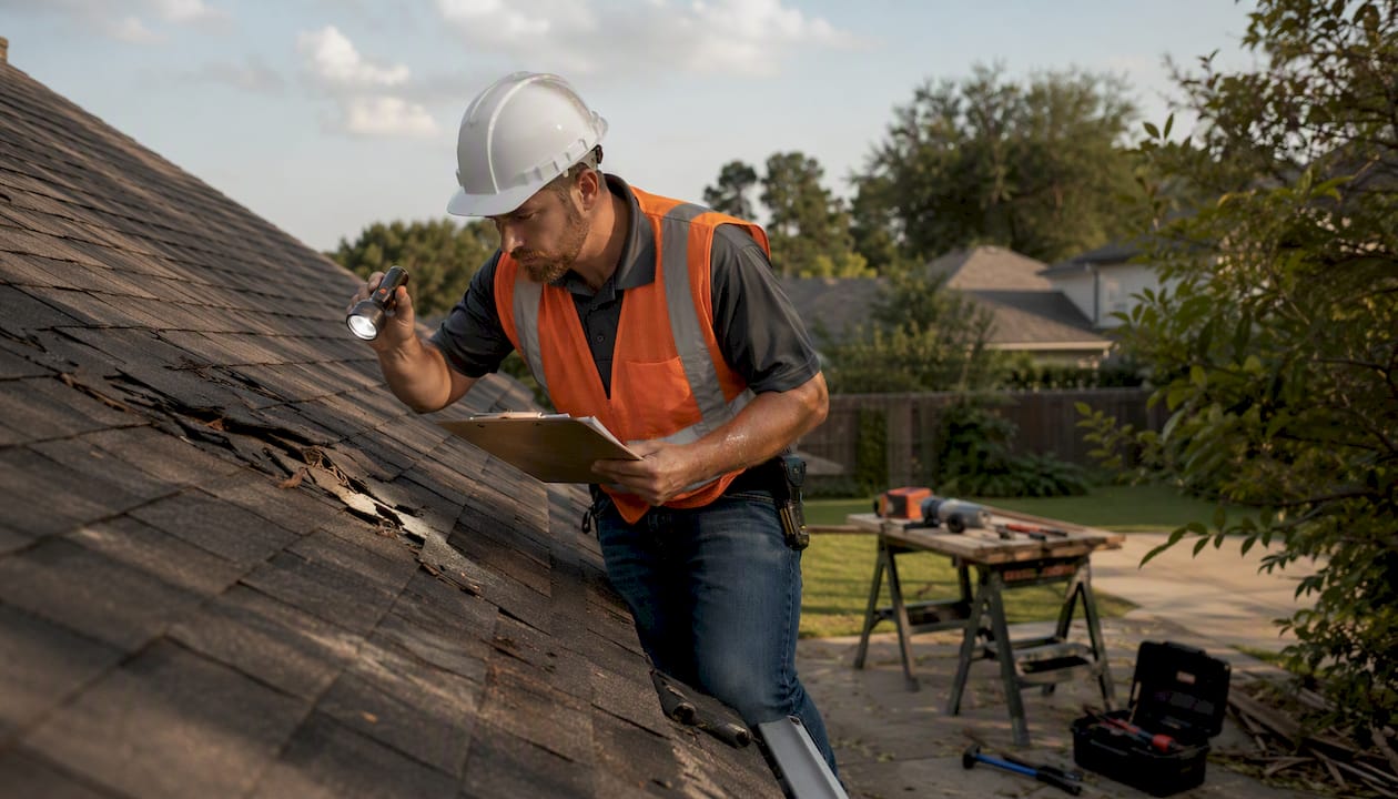 Contractor inspecting roof storm damage