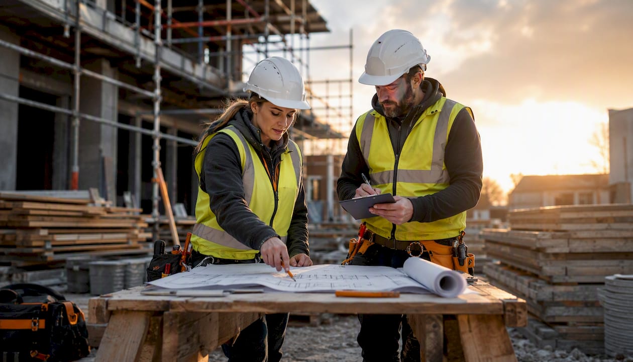 Electrician and plumber reviewing construction plans