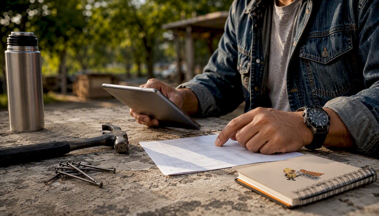 Subcontractor managing payment invoice and smartphone