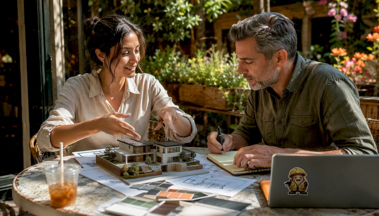 Architect and homeowner discussing split-level plans