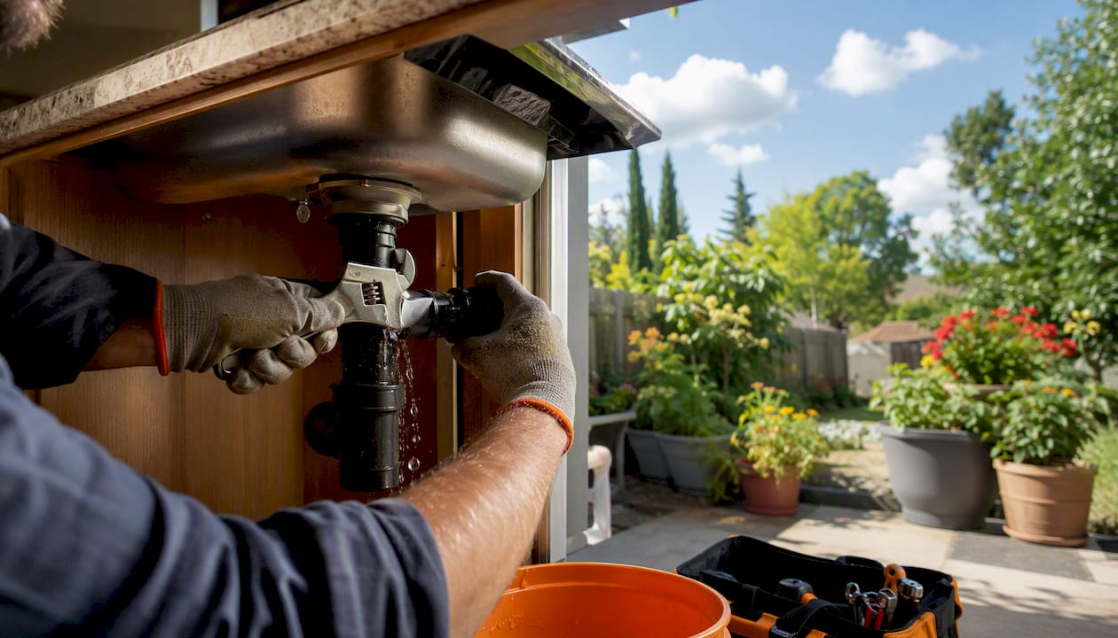 Hands repairing leaking pipe under sink