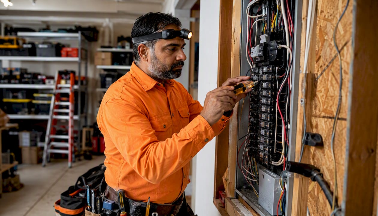 Electrician inspecting home electrical panel