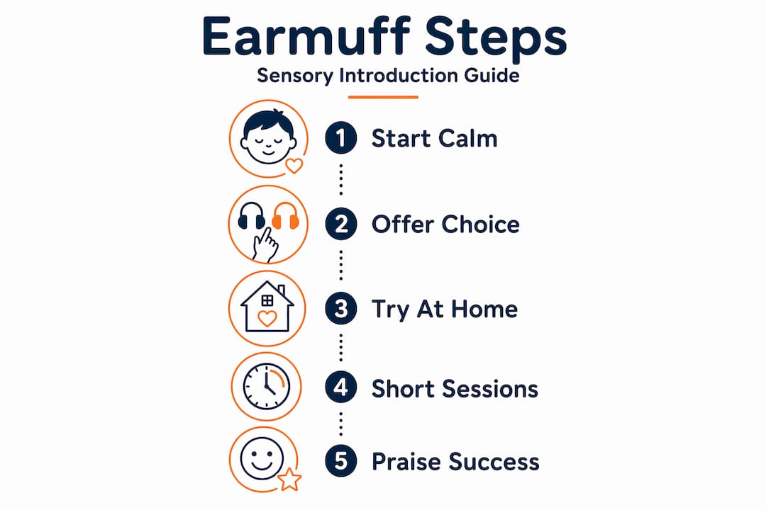 Infographic showing child earmuff introduction steps
