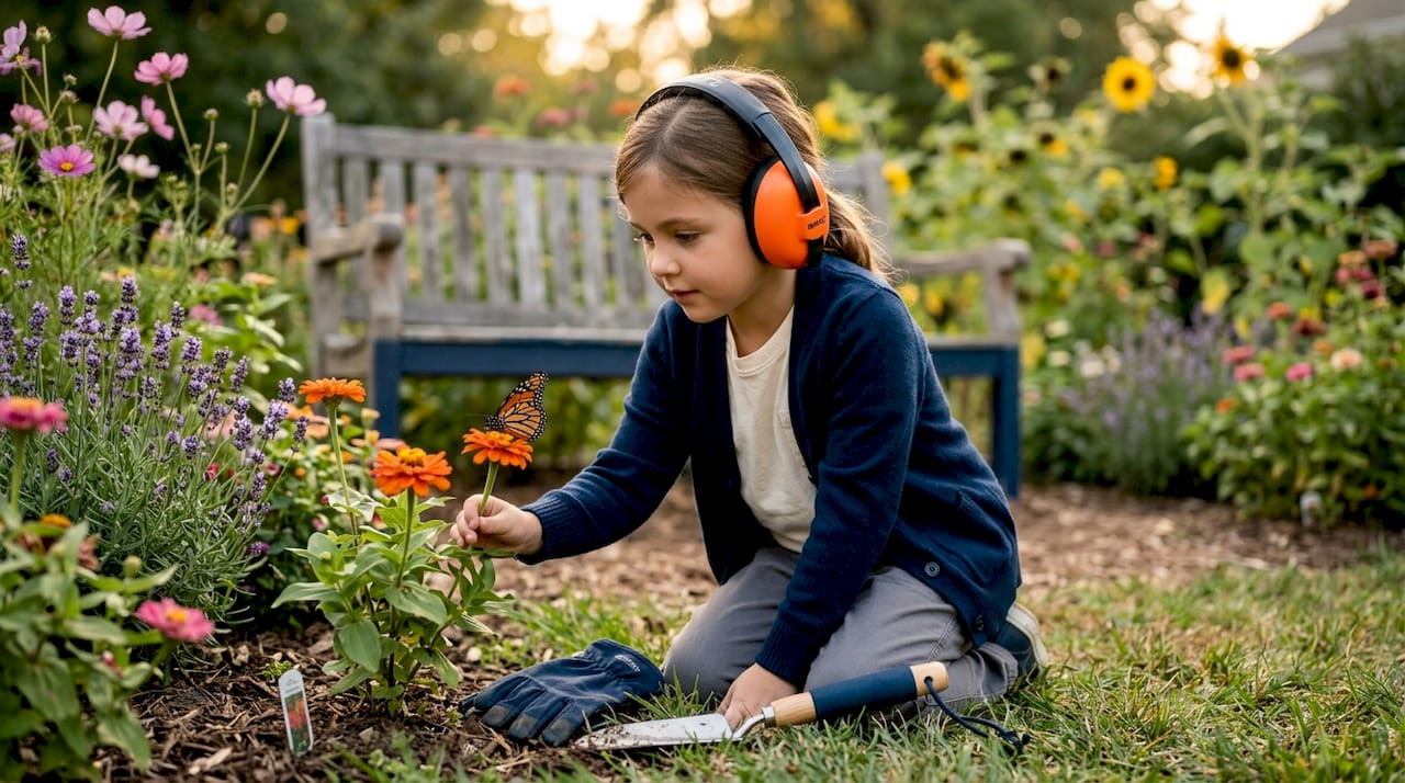Child wearing earmuffs confidently outdoors