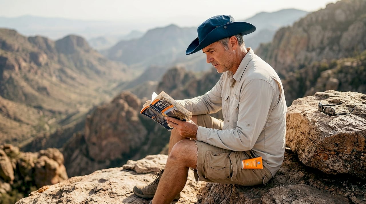 Man in UPF clothing after hike checking guide