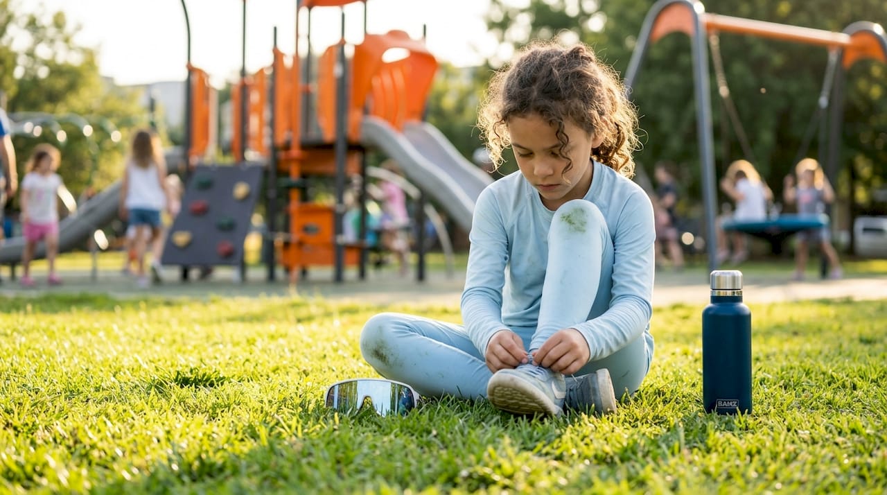 Child wears UPF pants on playground sand