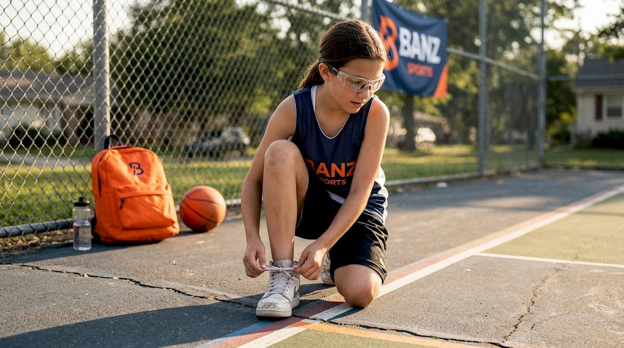 Student retying shoelaces in sports goggles