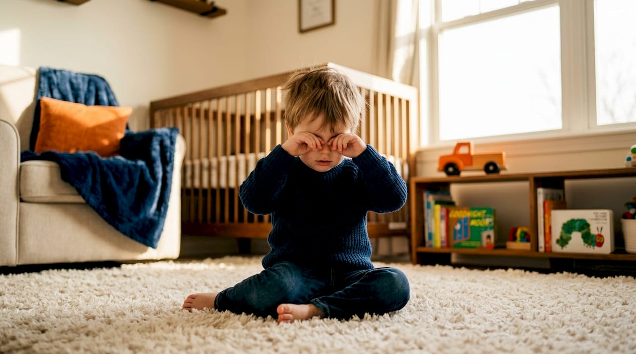 Toddler rubbing eyes in sunny living room