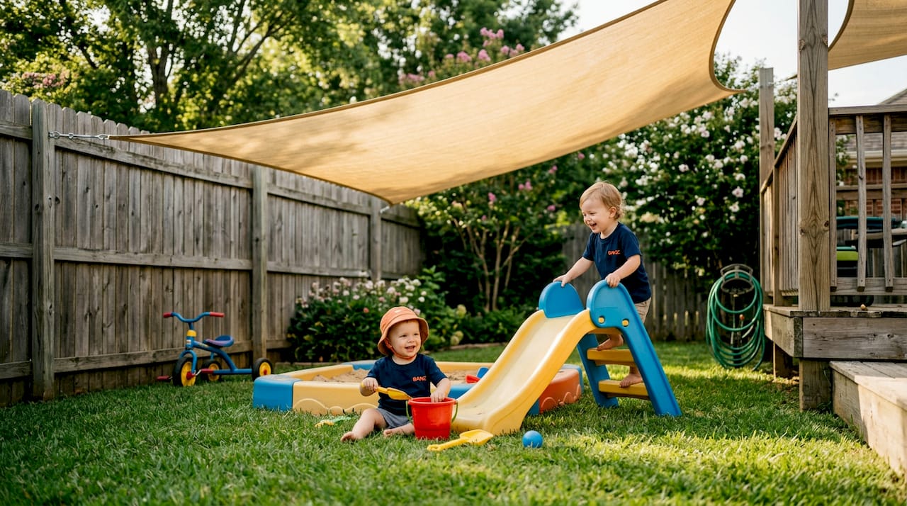 Toddlers playing under backyard shade sail