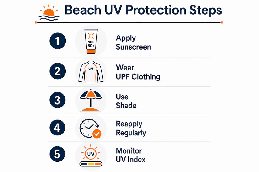 Infographic with 5 steps for beach UV protection