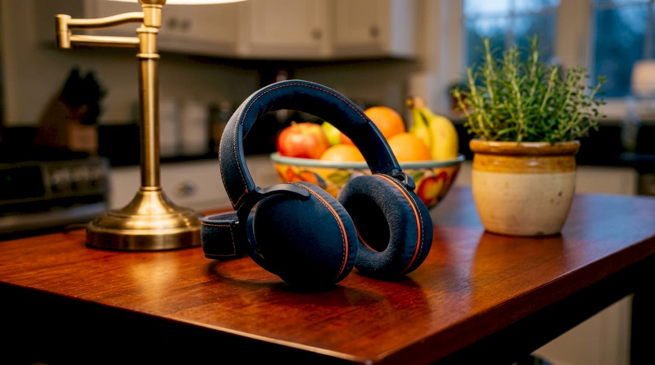 Close-up of children's comfortable earmuffs on table
