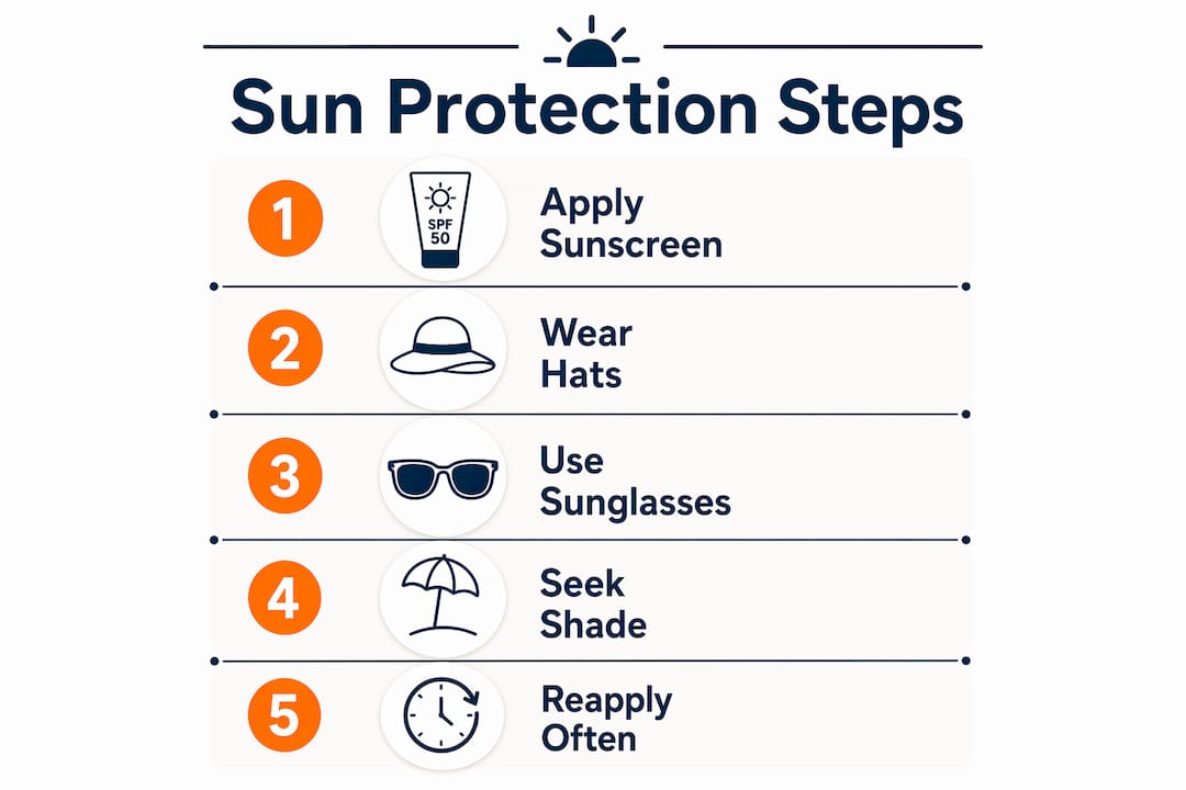 Infographic showing five key sun protection steps for kids