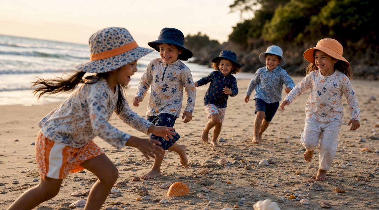 Kids in sun-protective fabrics playing outdoors