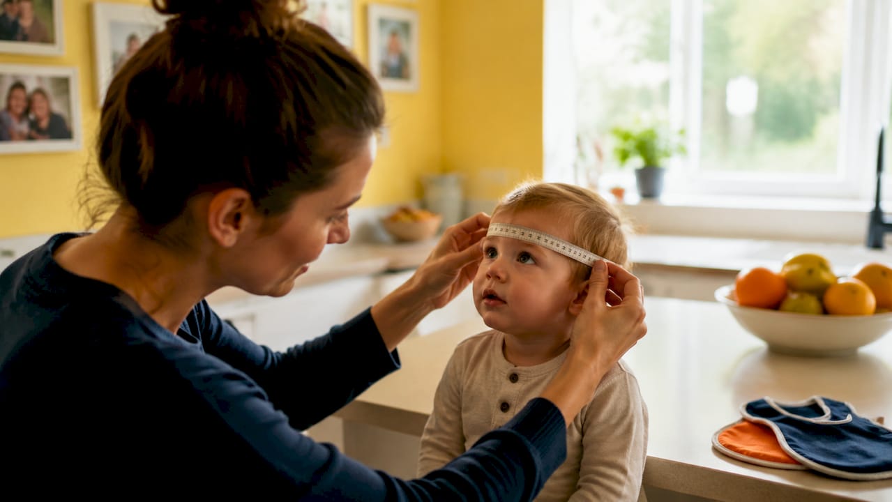 Parent measuring toddler’s head circumference