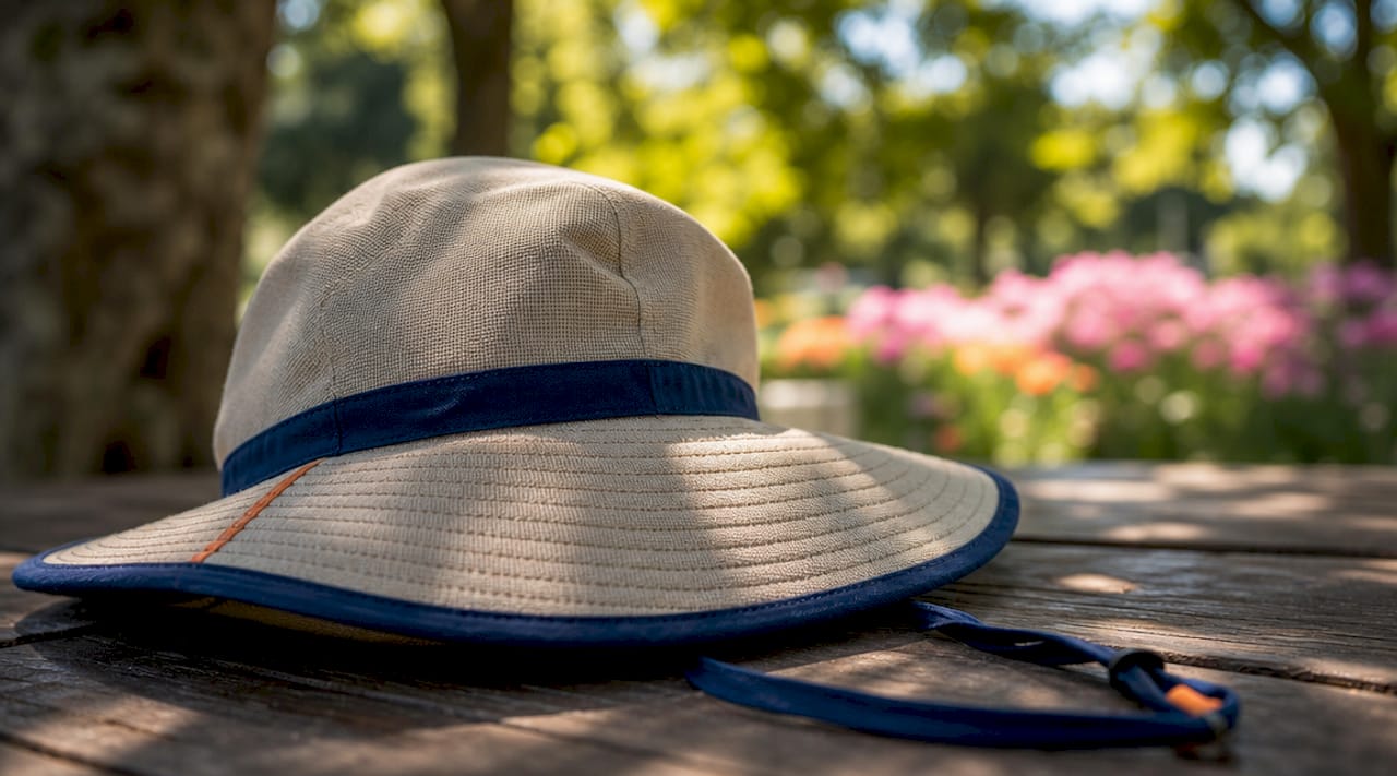 Wide-brimmed toddler sun hat on bench